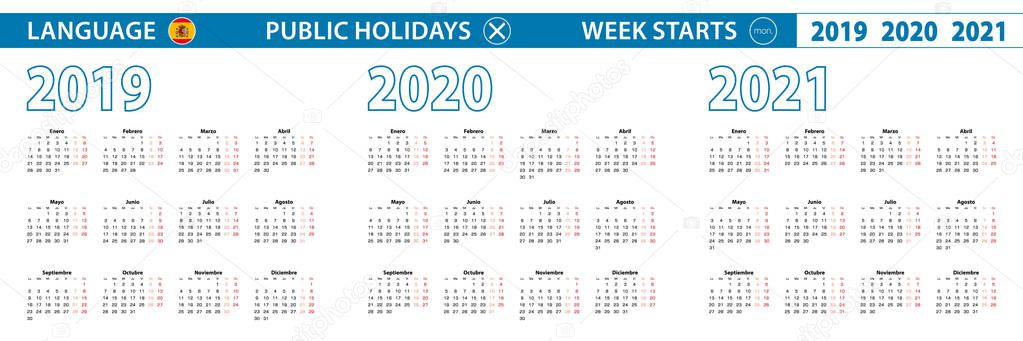 Simple calendar template in Spanish for 2019, 2020, 2021 years. Week starts from Monday. 