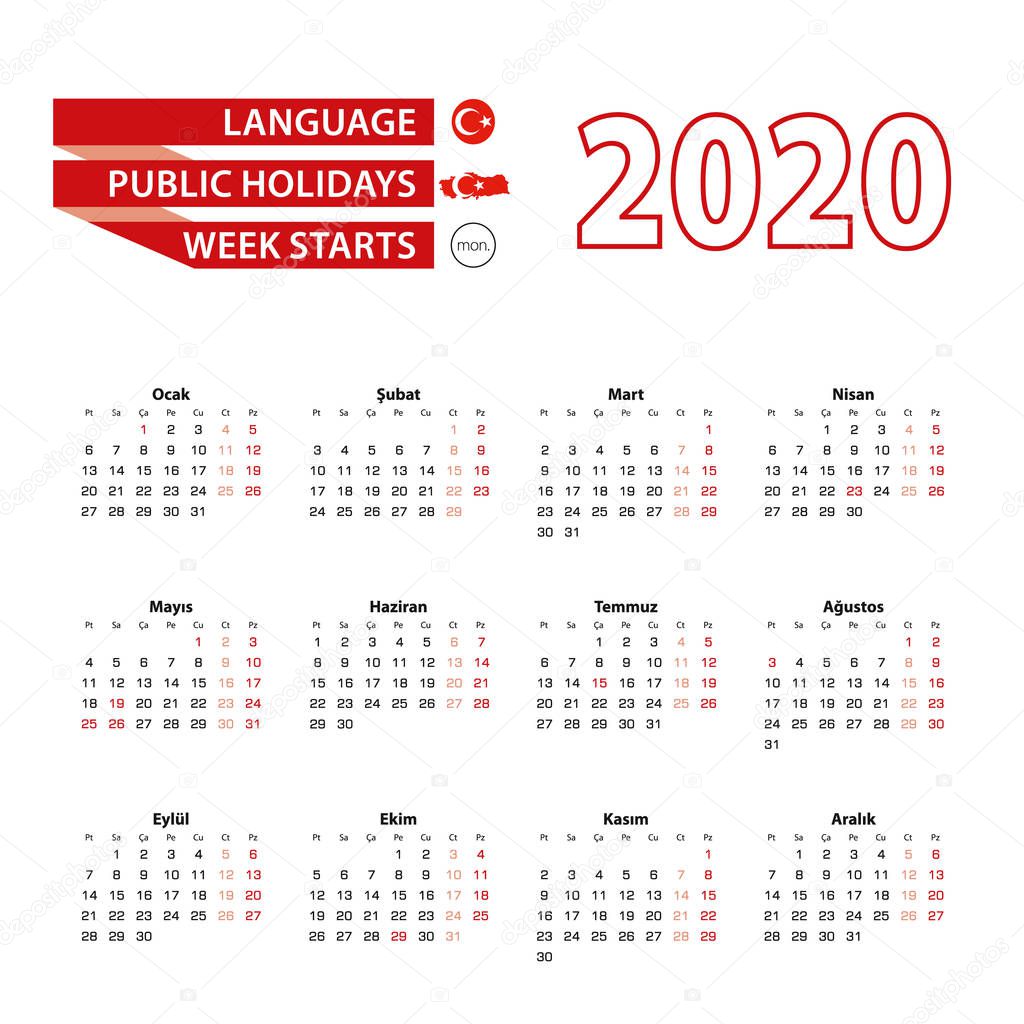 Calendar 2020 in Turkish language with public holidays the country of Turkey in year 2020. Week starts from Monday. 