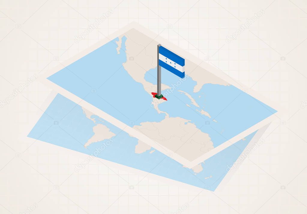 Honduras selected on map with isometric flag of Honduras.