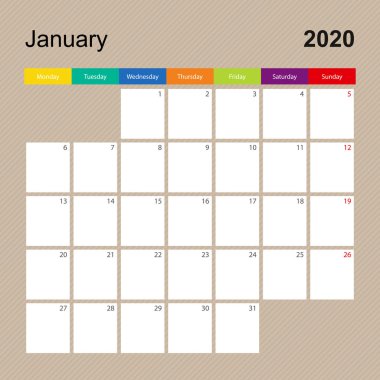 Ocak 2020 takvim sayfası, renkli tasarımlı duvar planlayıcısı. Hafta pazartesi başlıyor.. 