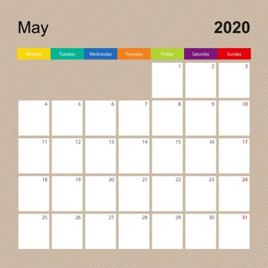 Mayıs 2020 takvim sayfası, renkli tasarımlı duvar planlayıcısı. Hafta pazartesi başlıyor..