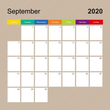 Eylül 2020 takvim sayfası, renkli tasarımlı duvar planlayıcısı. Hafta pazartesi başlıyor.. 
