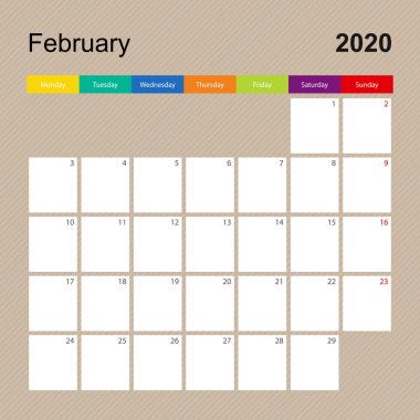 Şubat 2020 için takvim sayfası, renkli tasarımlı duvar planlayıcısı. Hafta pazartesi başlıyor..