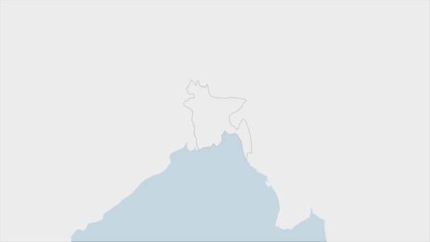 孟加拉国地图突出显示了孟加拉国国旗的颜色和首都达卡的别针 与亚洲邻国的地图 — 图库视频影像