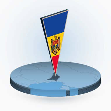 Moldova haritası, Moldova 'nın üçgen bayrağıyla yuvarlak izometrik tarzda, vektör haritası ise mavi renkte. 