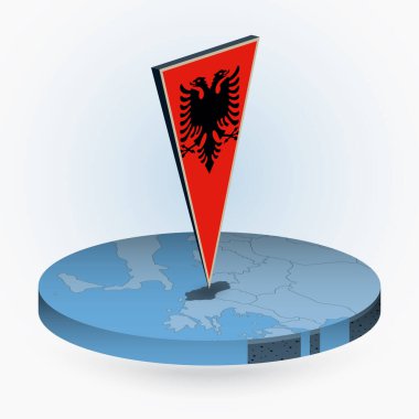 Arnavutluk 'un yuvarlak izometrik tarzında haritası, Arnavutluk' un üç boyutlu bayrağı ve mavi renkli vektör haritası. 