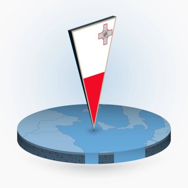 Malta map in round isometric style with triangular 3D flag of Malta, vector map in blue color.  clipart