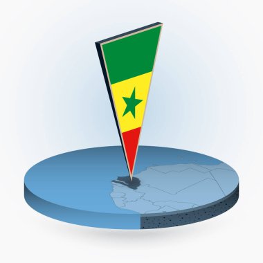 Senegal 'in yuvarlak izometrik biçimli, Senegal' in üç boyutlu bayrağıyla senegal haritası, mavi renkli vektör haritası. 