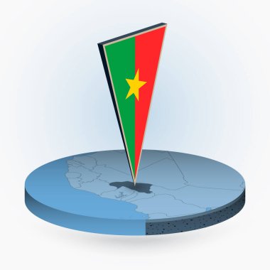 Burkina Faso haritası yuvarlak izometrik şekilde Burkina Faso 'nun 3 boyutlu bayrağıyla, mavi renkli vektör haritası. 