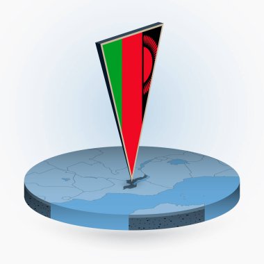 Malawi haritası, Malawi 'nin üçgen bayraklı yuvarlak izometrik biçimi, mavi renkli vektör haritası. 
