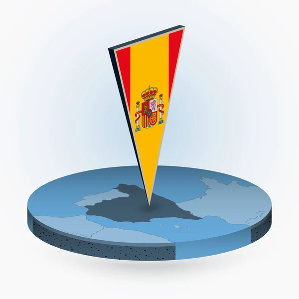 Spanje Kaart Ronde Isometrische Stijl Met Driehoekige Vlag Van Spanje — Stockvector