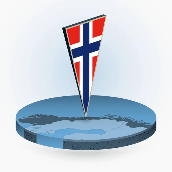 ノルウェーの三角形の3D旗を持つ円形の等方式のノルウェー地図 青い色のベクトル図 — ストックベクタ