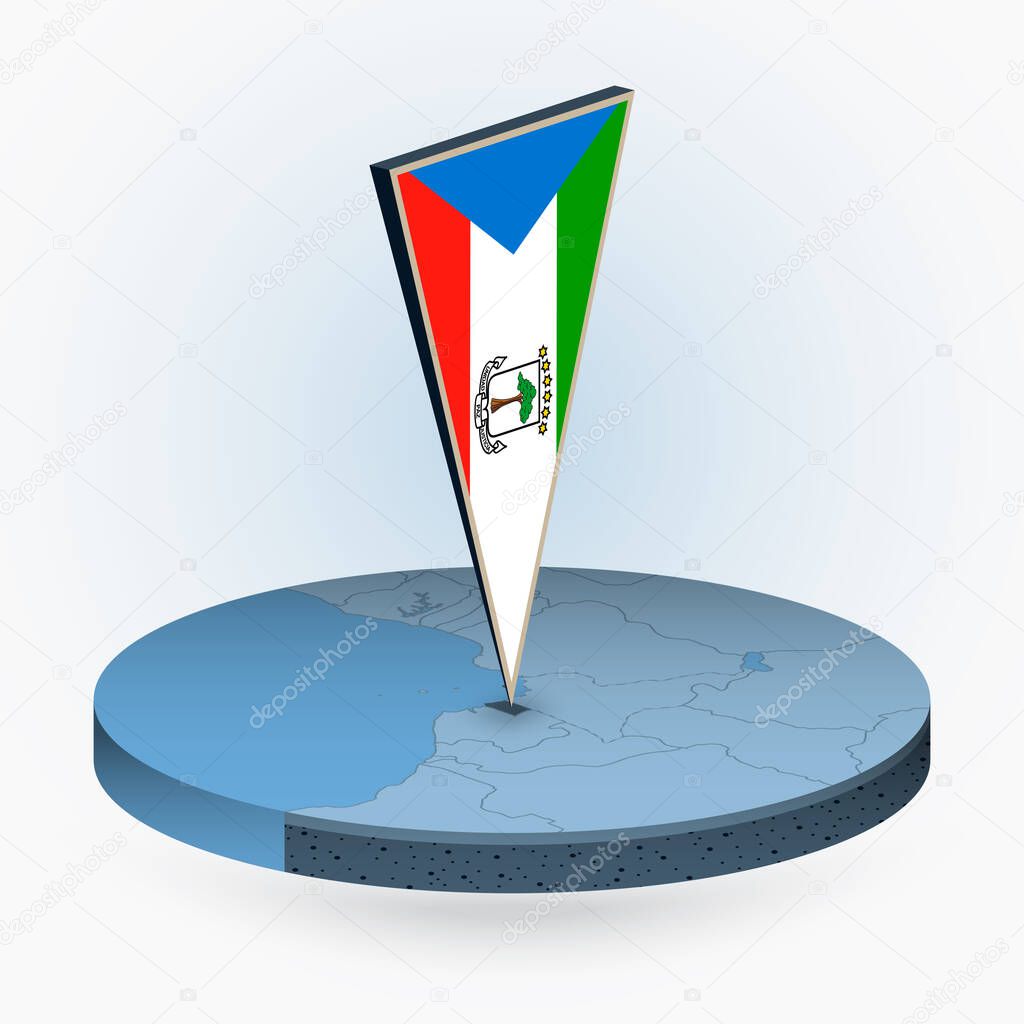 Equatorial Guinea map in round isometric style with triangular 3D flag of Equatorial Guinea, vector map in blue color. 