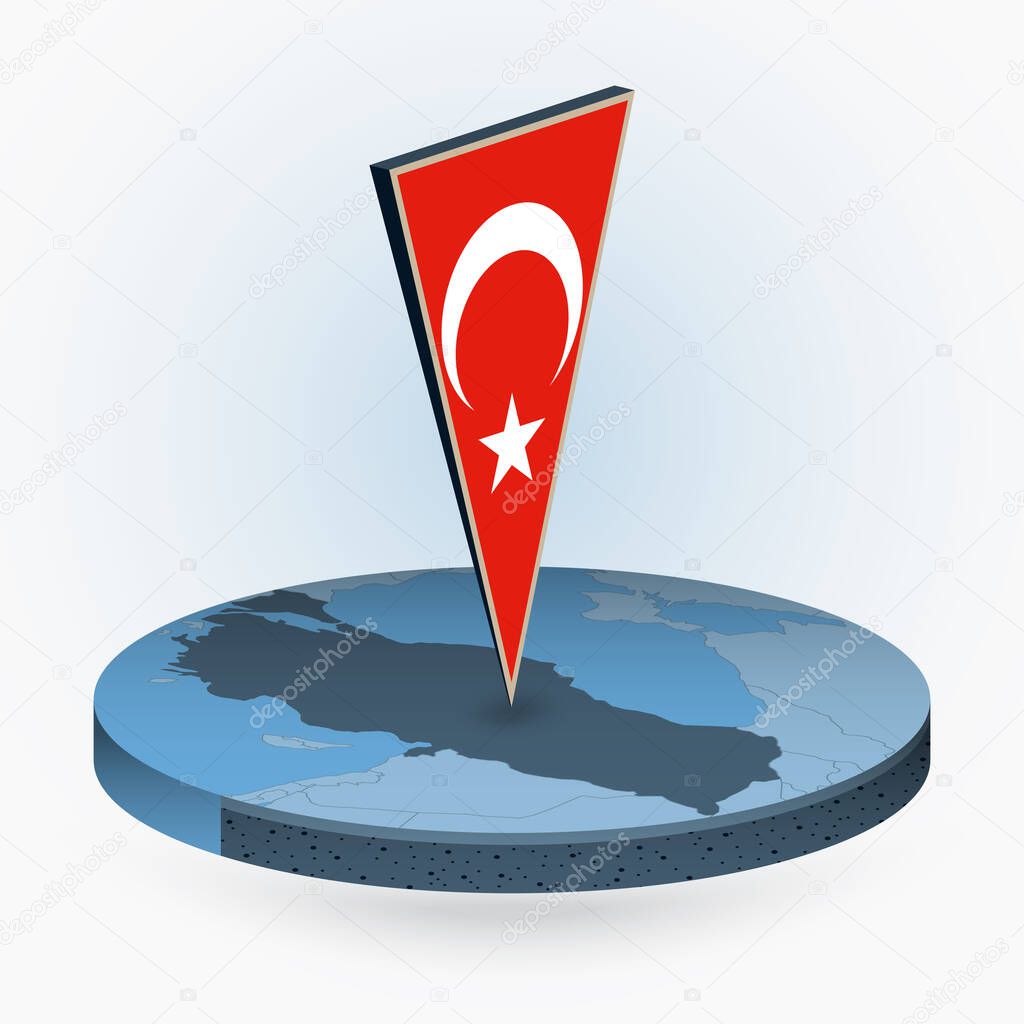 Turkey map in round isometric style with triangular 3D flag of Turkey, vector map in blue color. 
