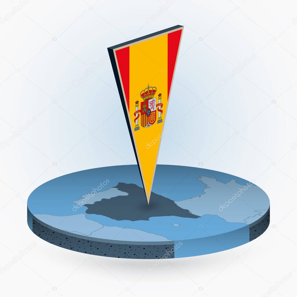 Spain map in round isometric style with triangular 3D flag of Spain, vector map in blue color. 