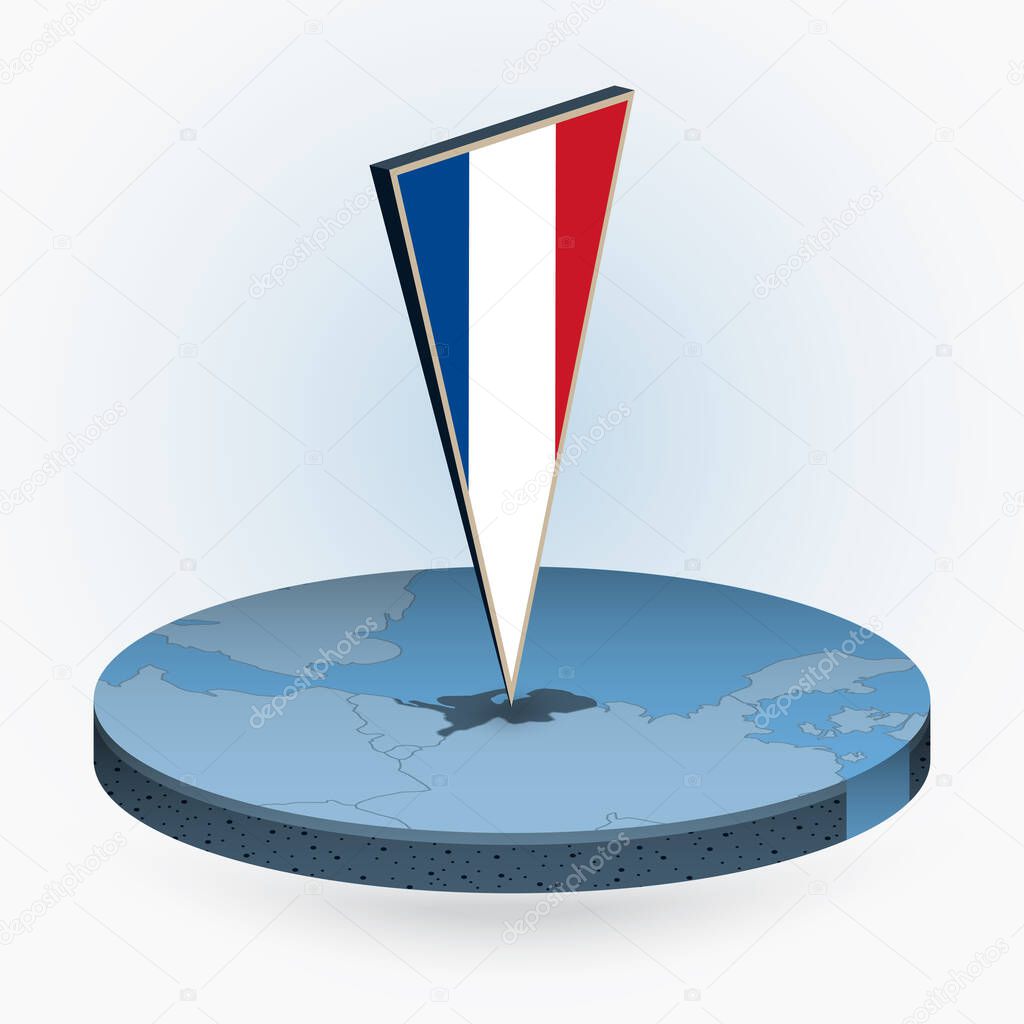 Netherlands map in round isometric style with triangular 3D flag of Netherlands, vector map in blue color. 