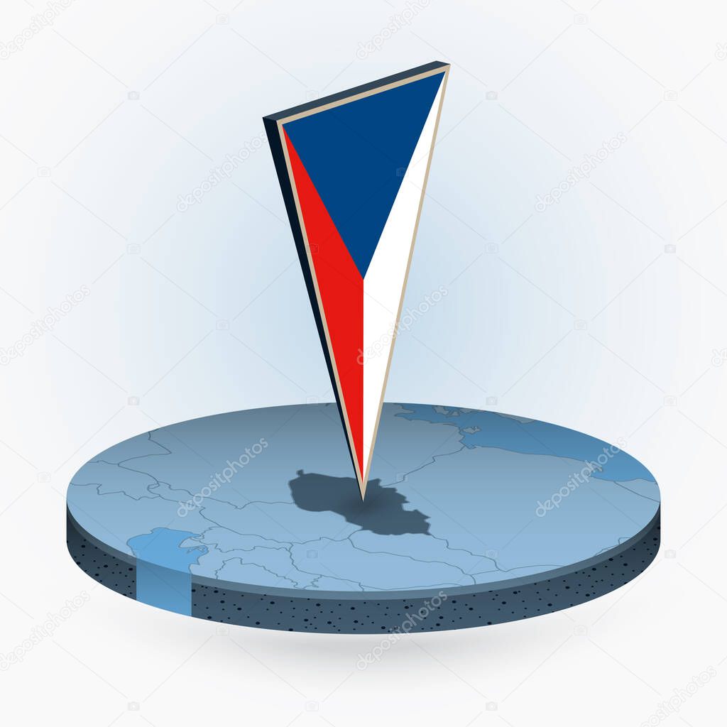 Czech Republic map in round isometric style with triangular 3D flag of Czech Republic, vector map in blue color. 