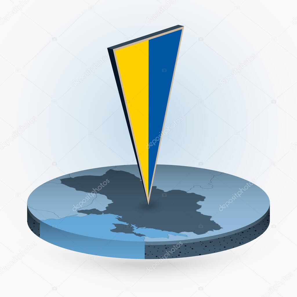 Ukraine map in round isometric style with triangular 3D flag of Ukraine, vector map in blue color. 