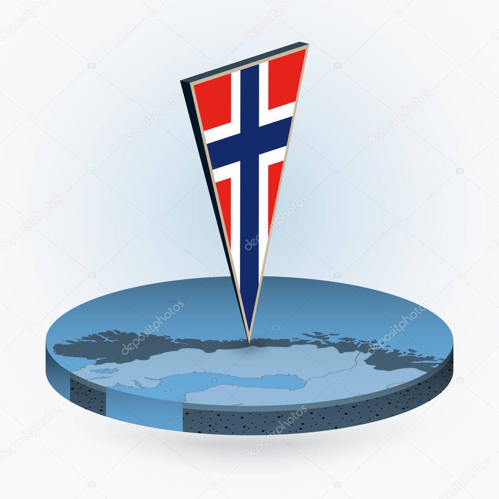 Norway map in round isometric style with triangular 3D flag of Norway, vector map in blue color. 