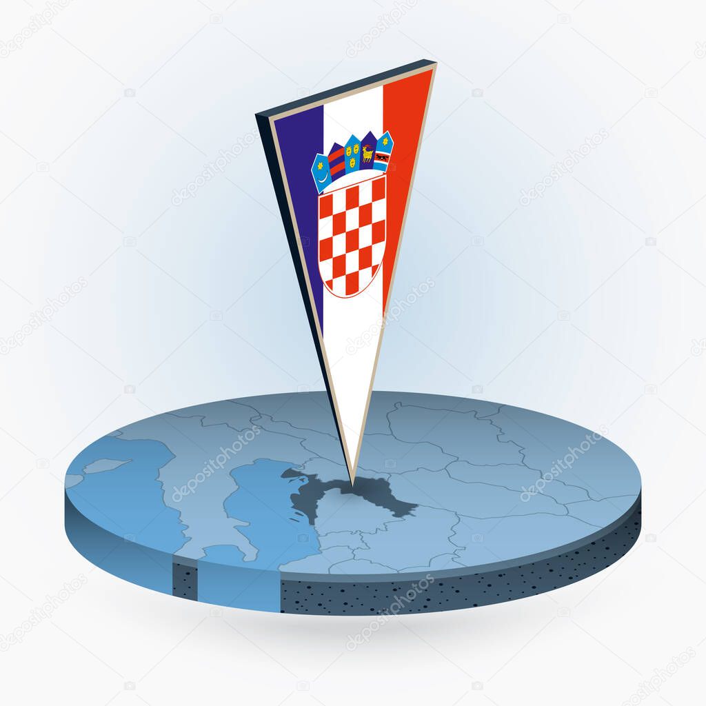 Croatia map in round isometric style with triangular 3D flag of Croatia, vector map in blue color. 
