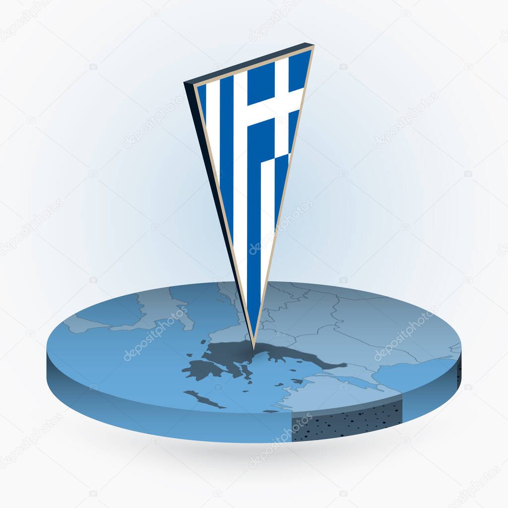 Greece map in round isometric style with triangular 3D flag of Greece, vector map in blue color. 