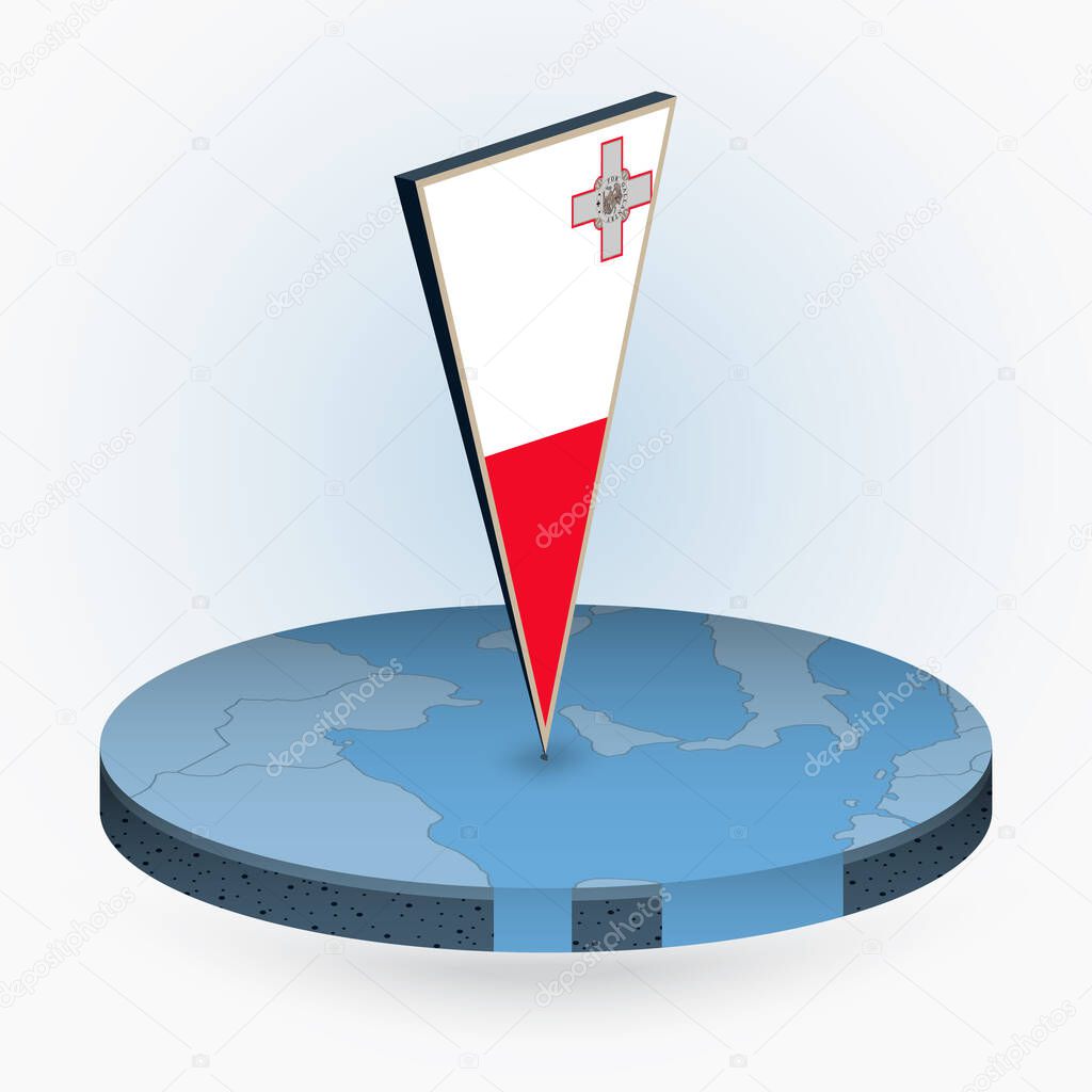 Malta map in round isometric style with triangular 3D flag of Malta, vector map in blue color. 