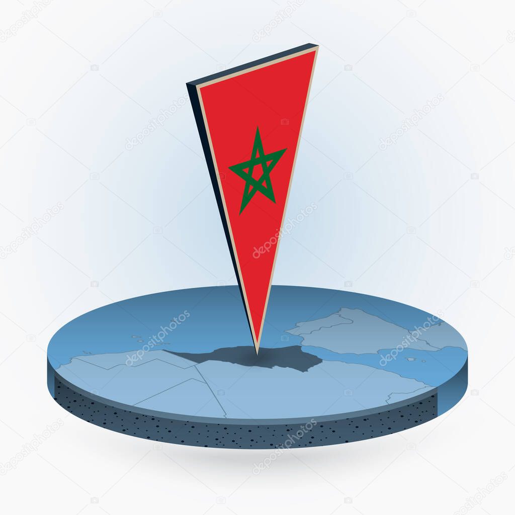 Morocco map in round isometric style with triangular 3D flag of Morocco, vector map in blue color. 