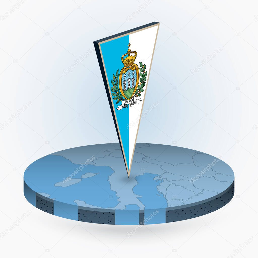 San Marino map in round isometric style with triangular 3D flag of San Marino, vector map in blue color. 