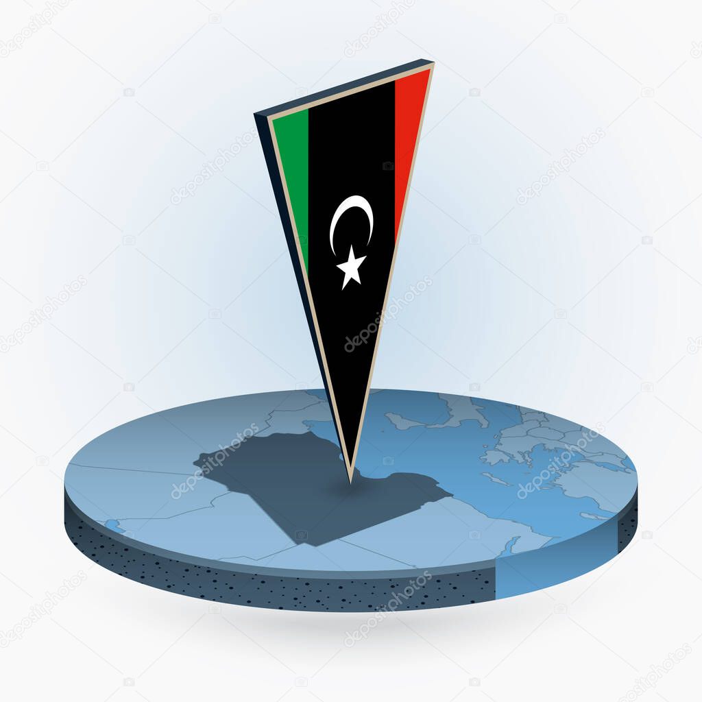 Libya map in round isometric style with triangular 3D flag of Libya, vector map in blue color. 