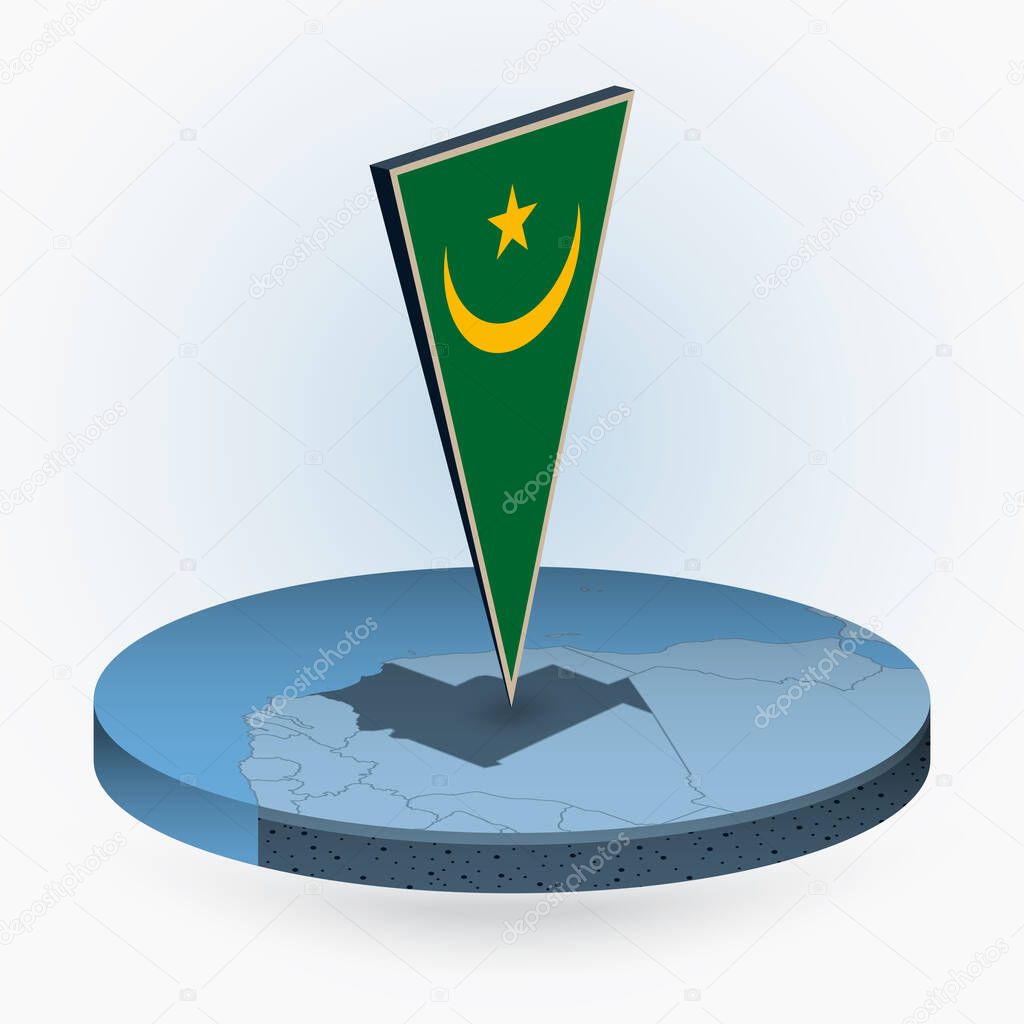 Mauritania map in round isometric style with triangular 3D flag of Mauritania, vector map in blue color. 