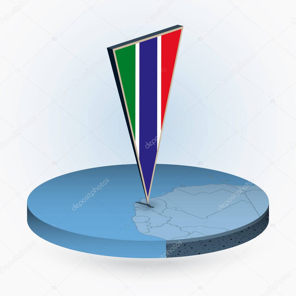 Gambia map in round isometric style with triangular 3D flag of Gambia, vector map in blue color. 