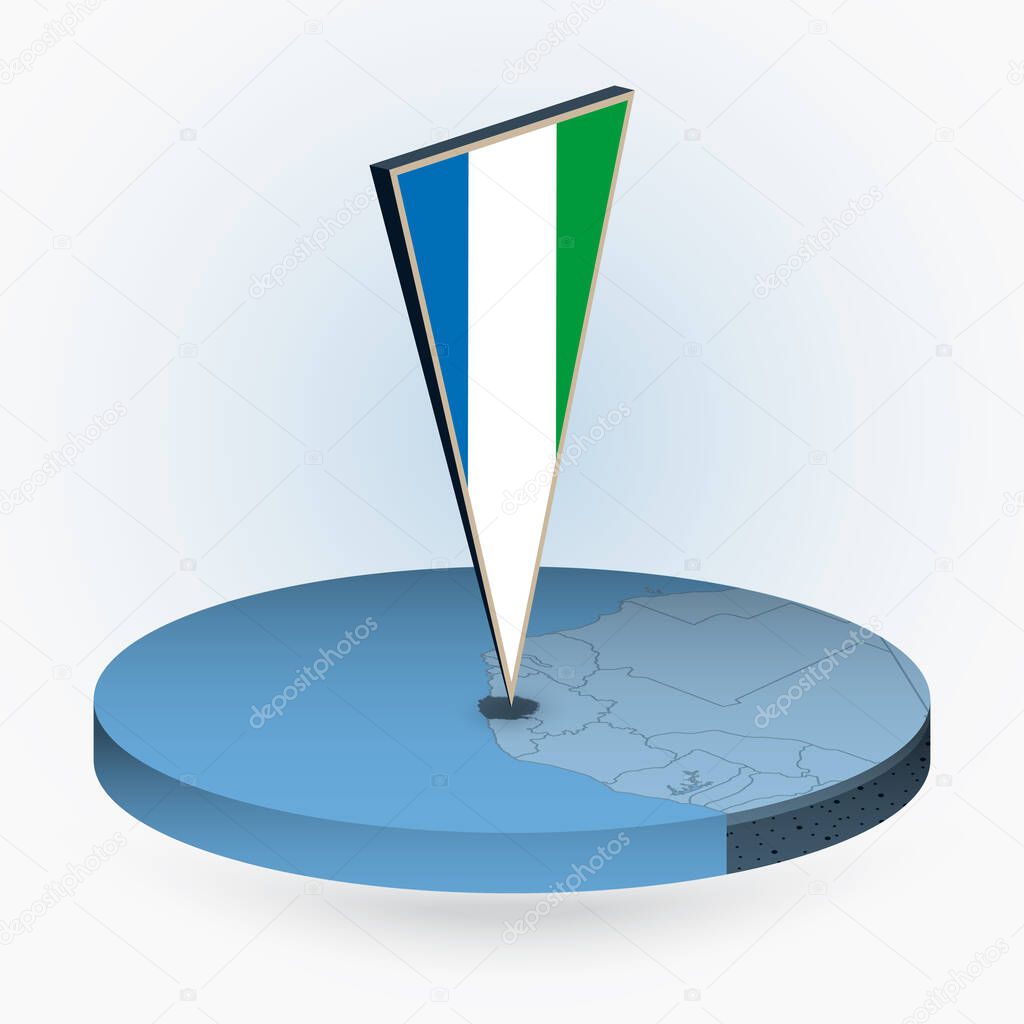 Sierra Leone map in round isometric style with triangular 3D flag of Sierra Leone, vector map in blue color. 