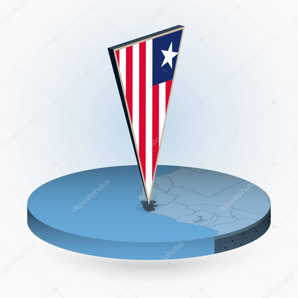 Liberia map in round isometric style with triangular 3D flag of Liberia, vector map in blue color. 