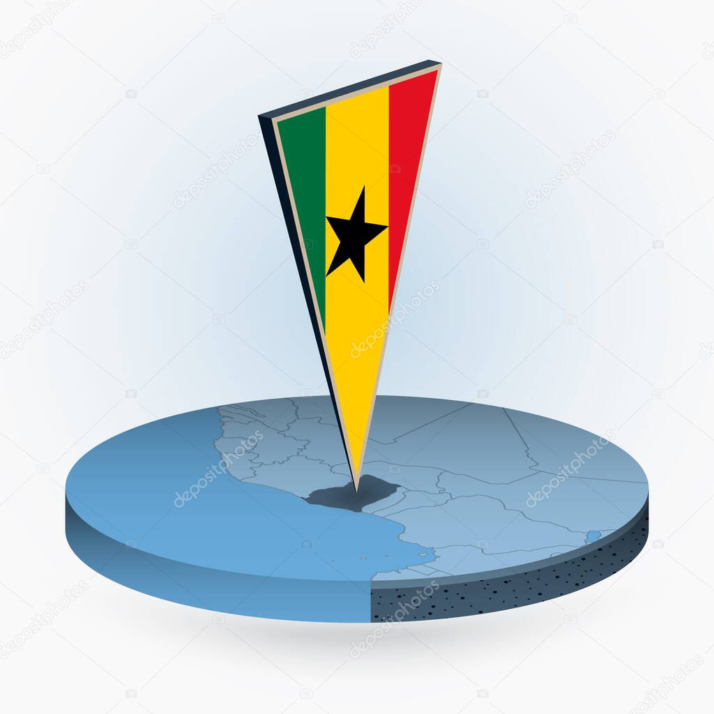 Ghana map in round isometric style with triangular 3D flag of Ghana, vector map in blue color. 