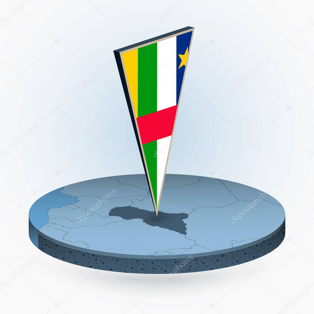 CAR map in round isometric style with triangular 3D flag of CAR, vector map in blue color. 