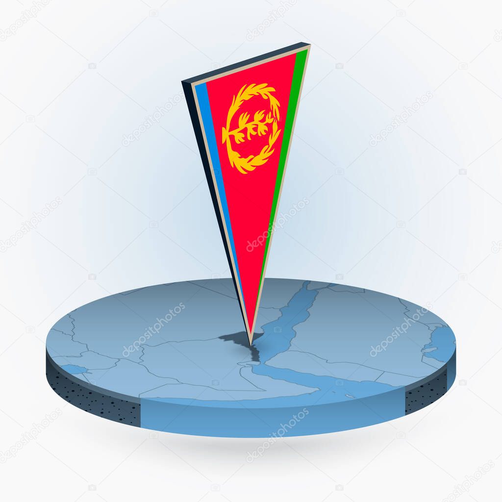 Eritrea map in round isometric style with triangular 3D flag of Eritrea, vector map in blue color. 
