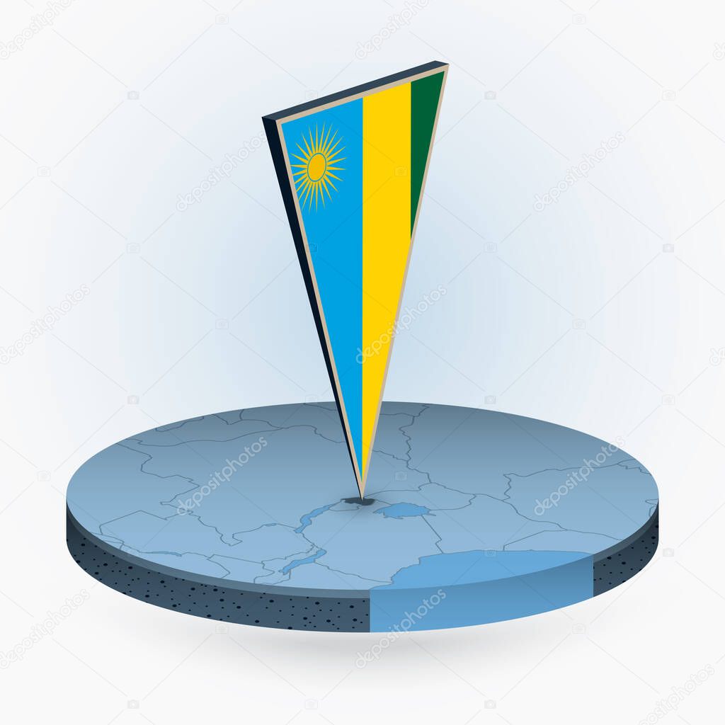 Rwanda map in round isometric style with triangular 3D flag of Rwanda, vector map in blue color. 