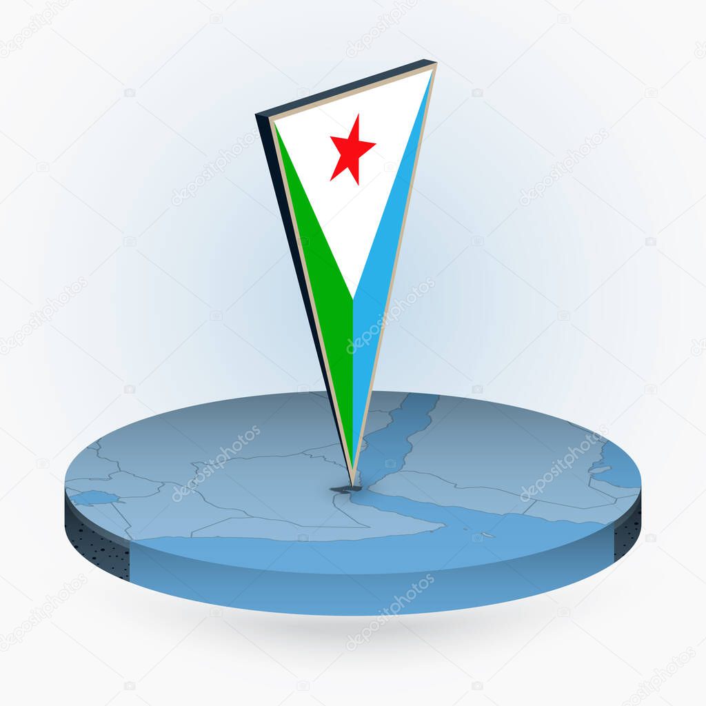 Djibouti map in round isometric style with triangular 3D flag of Djibouti, vector map in blue color. 