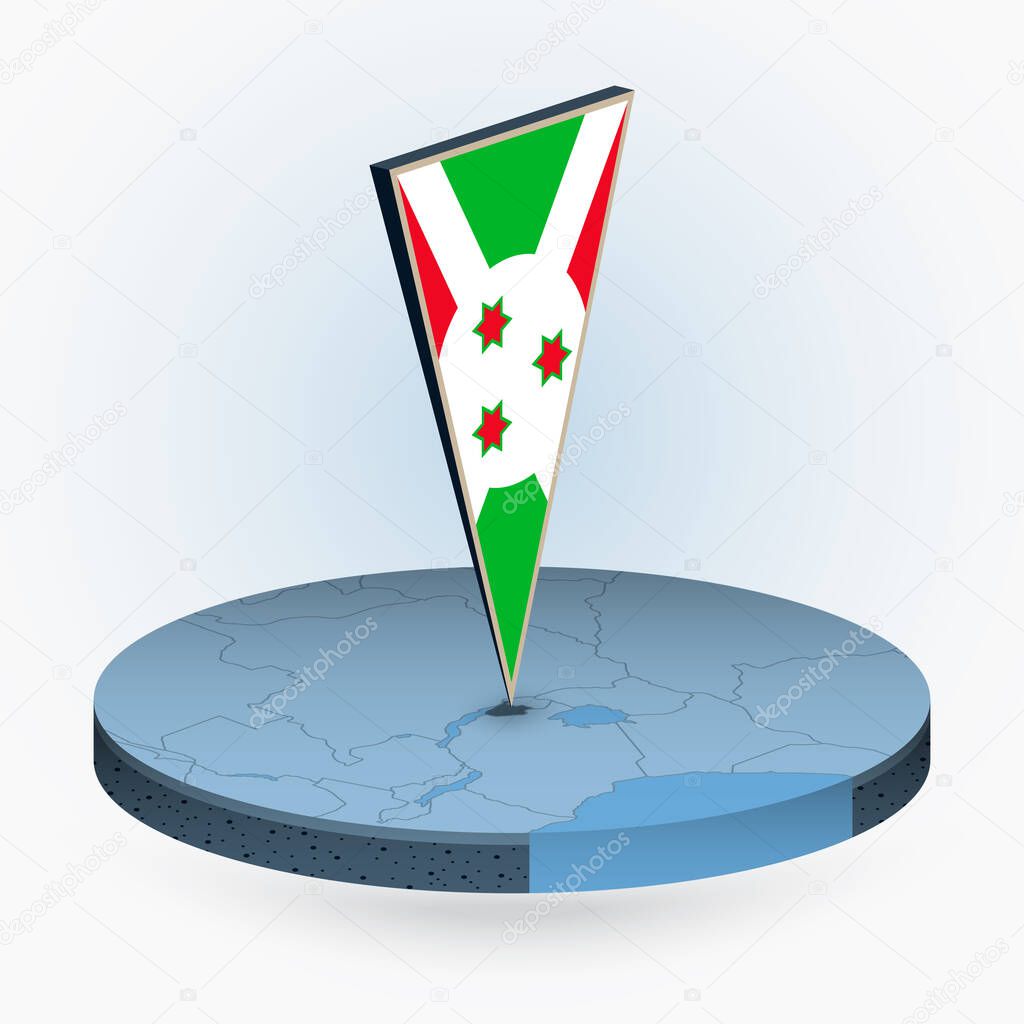 Burundi map in round isometric style with triangular 3D flag of Burundi, vector map in blue color. 