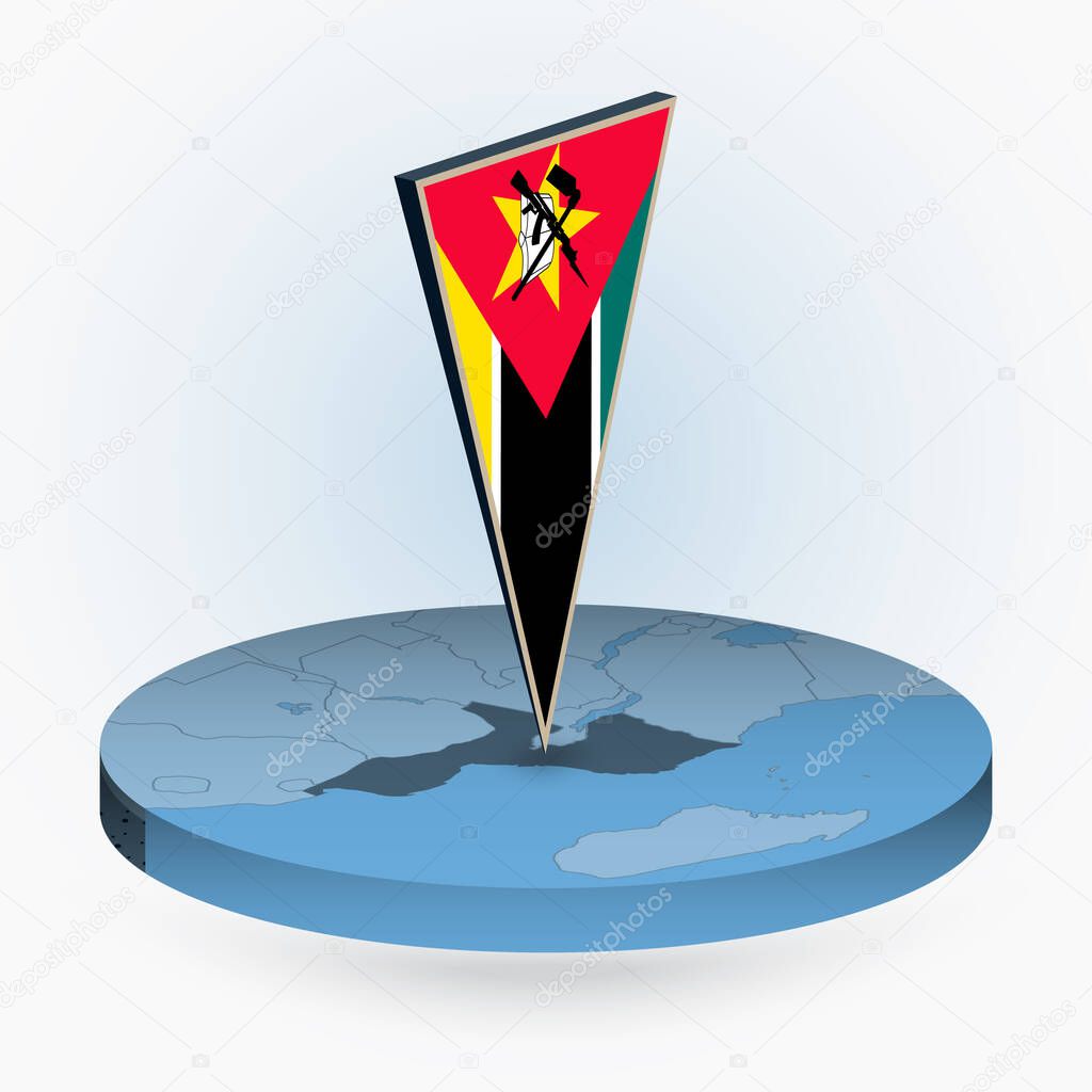 Mozambique map in round isometric style with triangular 3D flag of Mozambique, vector map in blue color. 