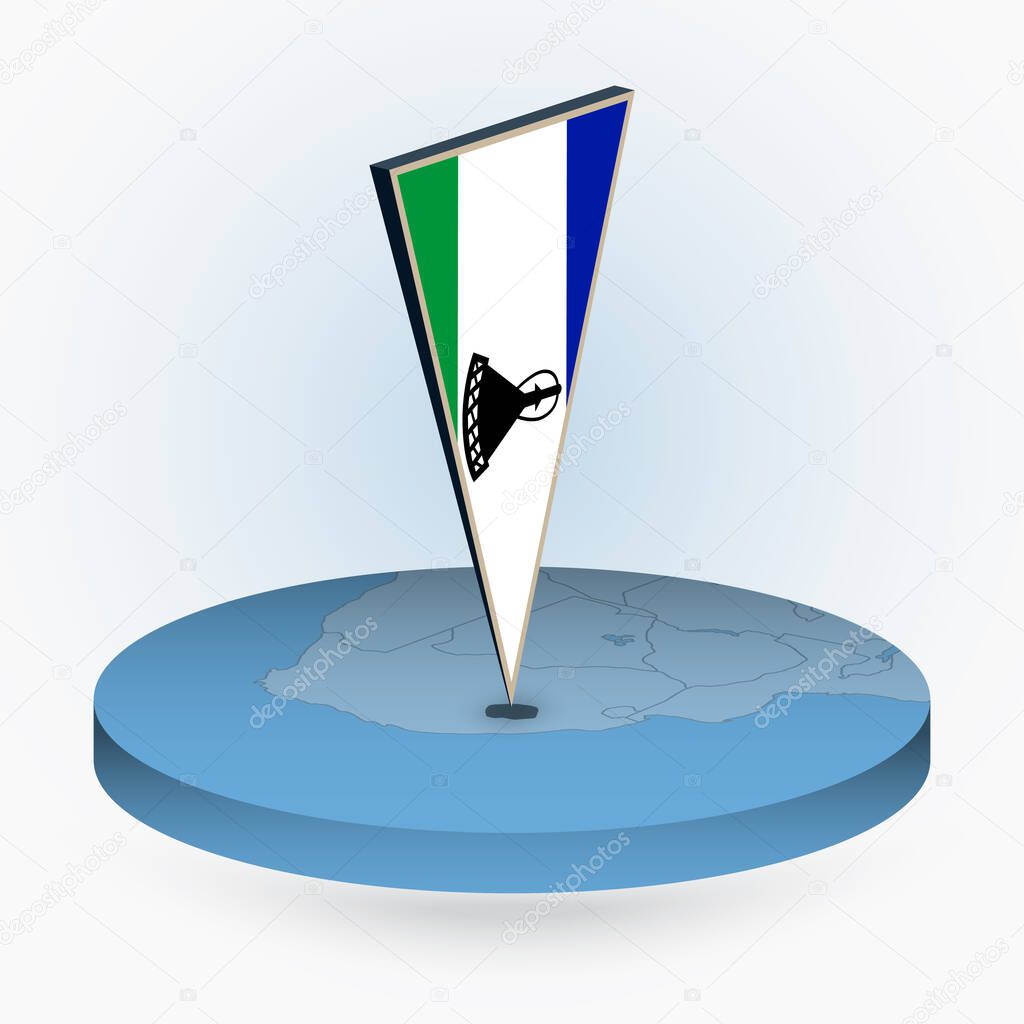 Lesotho map in round isometric style with triangular 3D flag of Lesotho, vector map in blue color. 