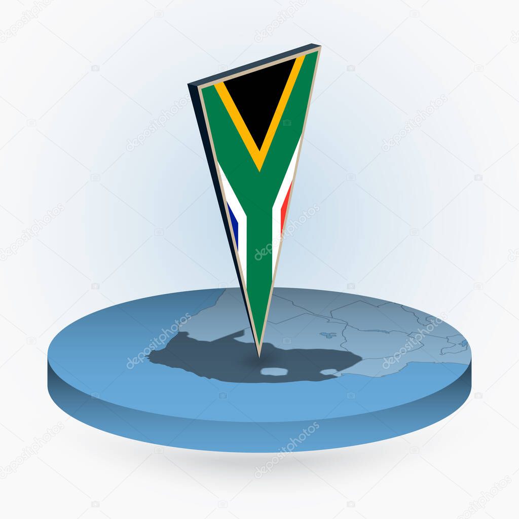 South Africa map in round isometric style with triangular 3D flag of South Africa, vector map in blue color. 