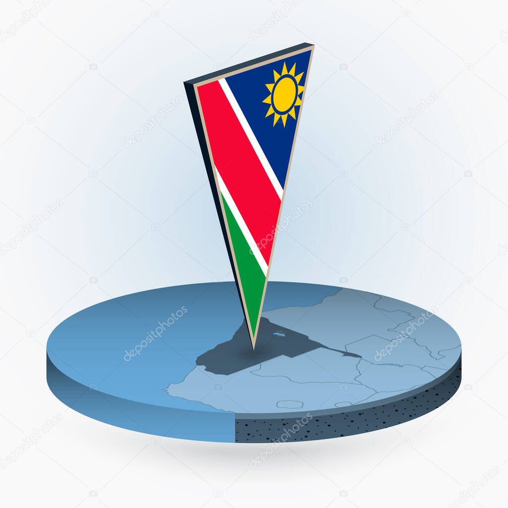 Namibia map in round isometric style with triangular 3D flag of Namibia, vector map in blue color. 
