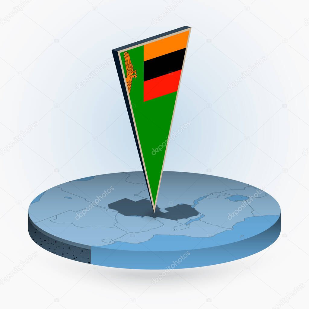 Zambia map in round isometric style with triangular 3D flag of Zambia, vector map in blue color. 