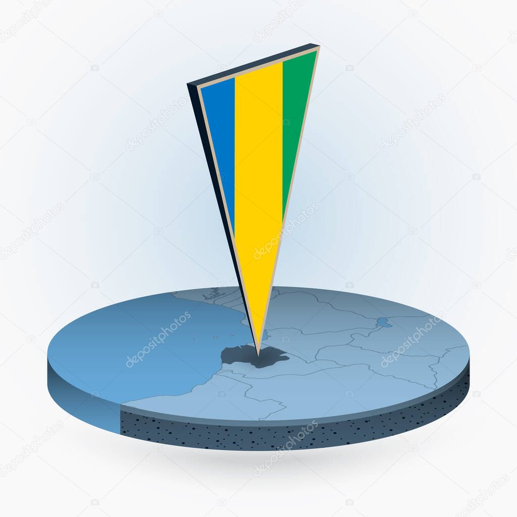 Gabon map in round isometric style with triangular 3D flag of Gabon, vector map in blue color. 