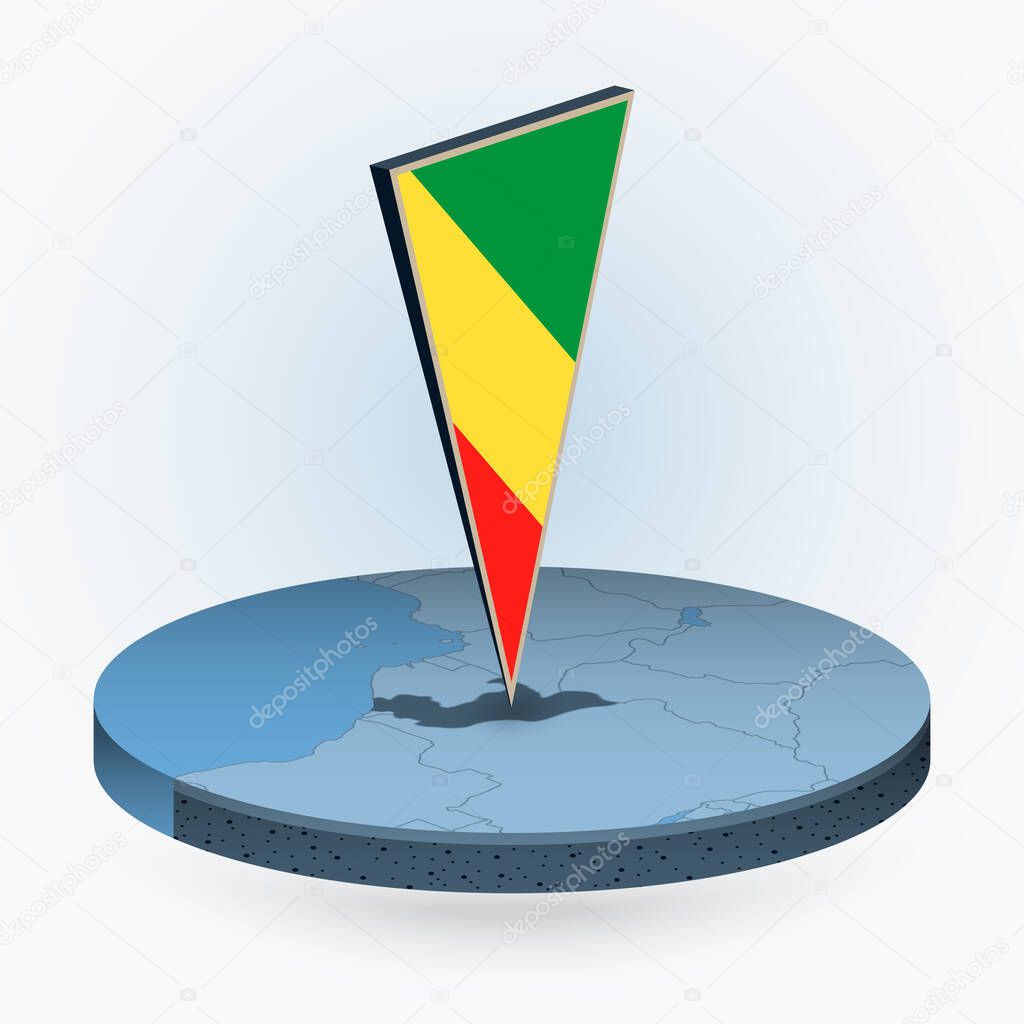 Congo map in round isometric style with triangular 3D flag of Congo, vector map in blue color. 