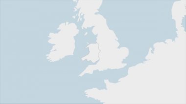 Galler haritası Galler 'in bayrak renkleri ve ülke başkenti Cardiff' in iğnesi ile vurgulandı, komşu Avrupa ülkeleriyle harita.