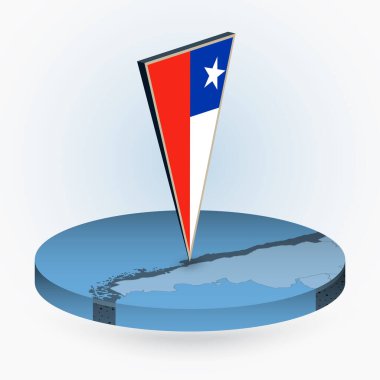 Şili haritası yuvarlak izometrik tarzda, Şili 'nin üç boyutlu bayrağı, mavi renkli vektör haritası. 