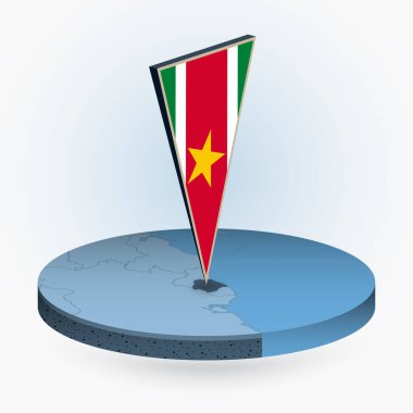 Surinam 'ın üç boyutlu bayrağı, mavi renkli vektör haritası ile yuvarlak izometrik tarzda Surinam haritası. 
