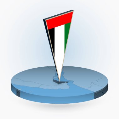 Birleşik Arap Emirlikleri haritası yuvarlak izometrik tarzda, BAE 'nin üç boyutlu bayrağı, mavi renkli vektör haritası. 